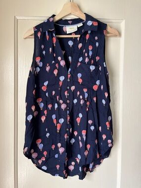 Maeve Navy Sleeveless Balloon-Print Button Front Top